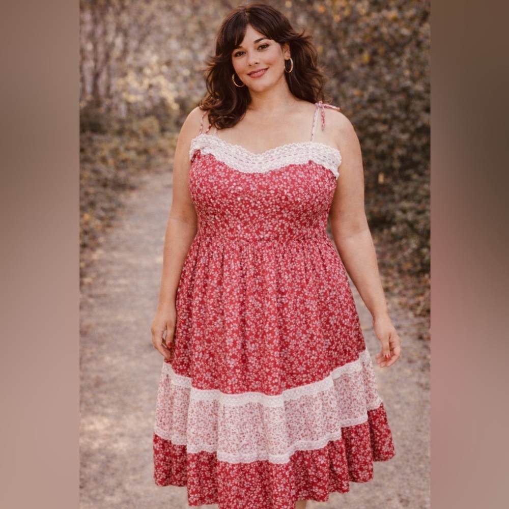 *Vintage 70’s, Volup size- smocked Gunne style- Red calico,  ruffled sundress